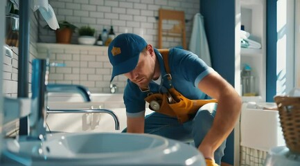 A young, handsome plumber in a work uniform and cap is kneeling in the bathroom to repair the white pipes under the sink, providing home service and maintenance.