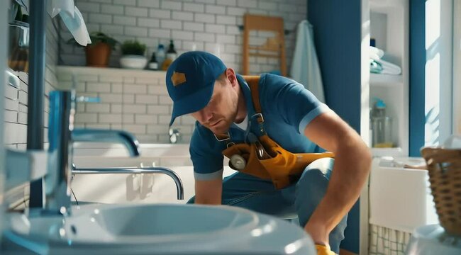 A young, handsome plumber in a work uniform and cap is kneeling in the bathroom to repair the white pipes under the sink, providing home service and maintenance.