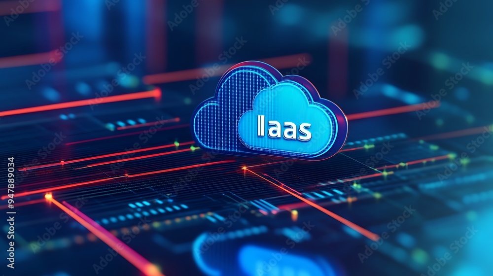 Poster 3d illustration of iaas infrastructure on futuristic network diagram. cloud computing concept for sc