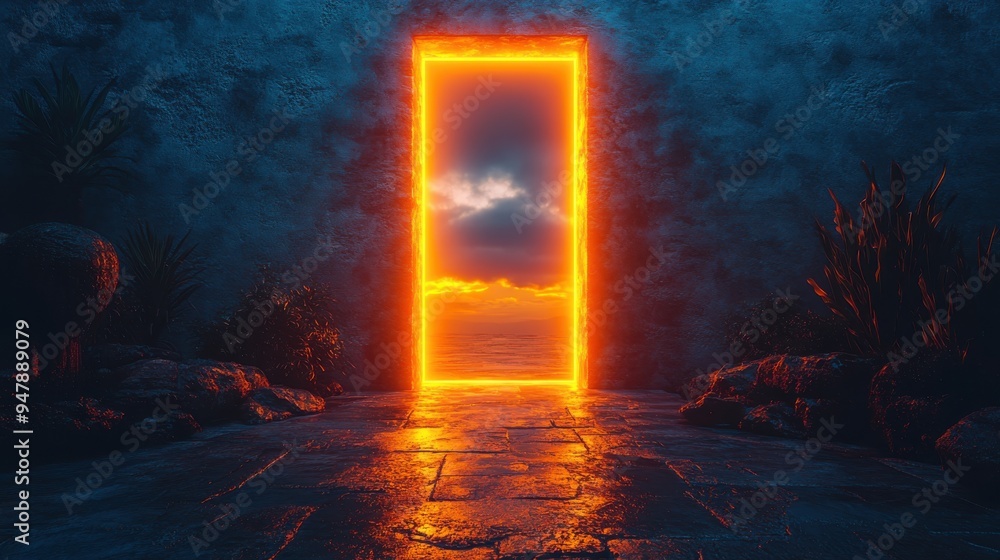Poster 3d rendering yellow light going through the opening double door isolate3d on blue backgroun3d archit