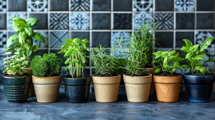 A row of potted herbs with green foliage, arranged against a colorful tiled wall.