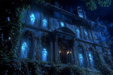 Haunted House with Ghostly Figures in Windows at Night