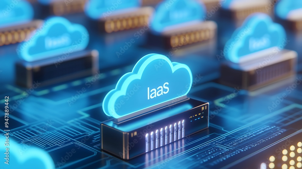 Poster 3d illustration of multiple iaas cloud servers in a data center, showcasing cloud computing infrastr