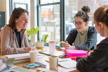 Obraz premium Administrative staff planning in an open workspace, with collaborative expressions. Generative AI