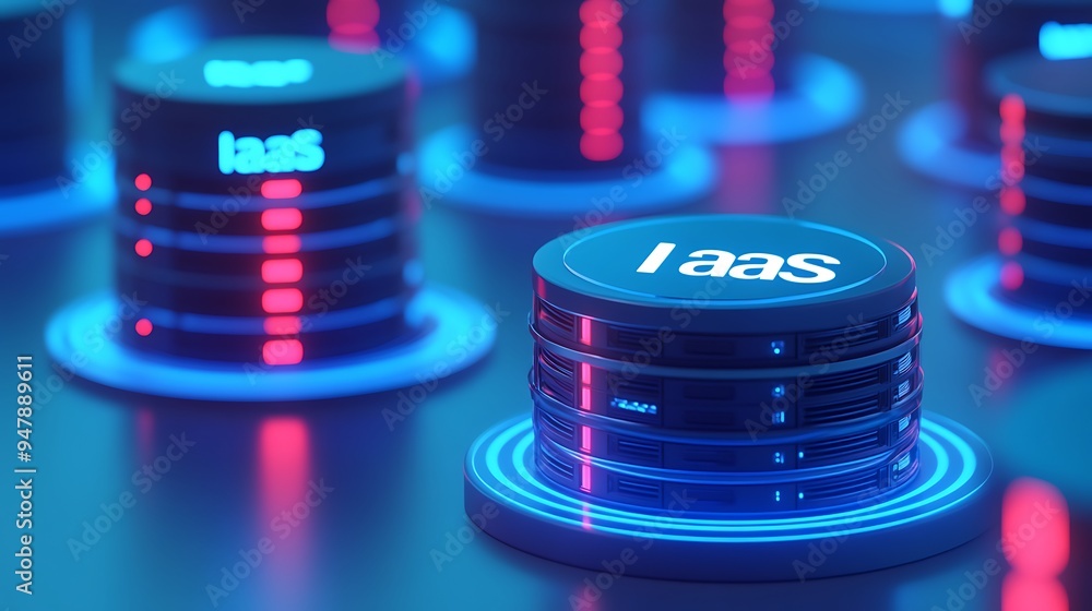 Poster 3d render concept of infrastructure as a service (iaas) with glowing databases in a futuristic digit