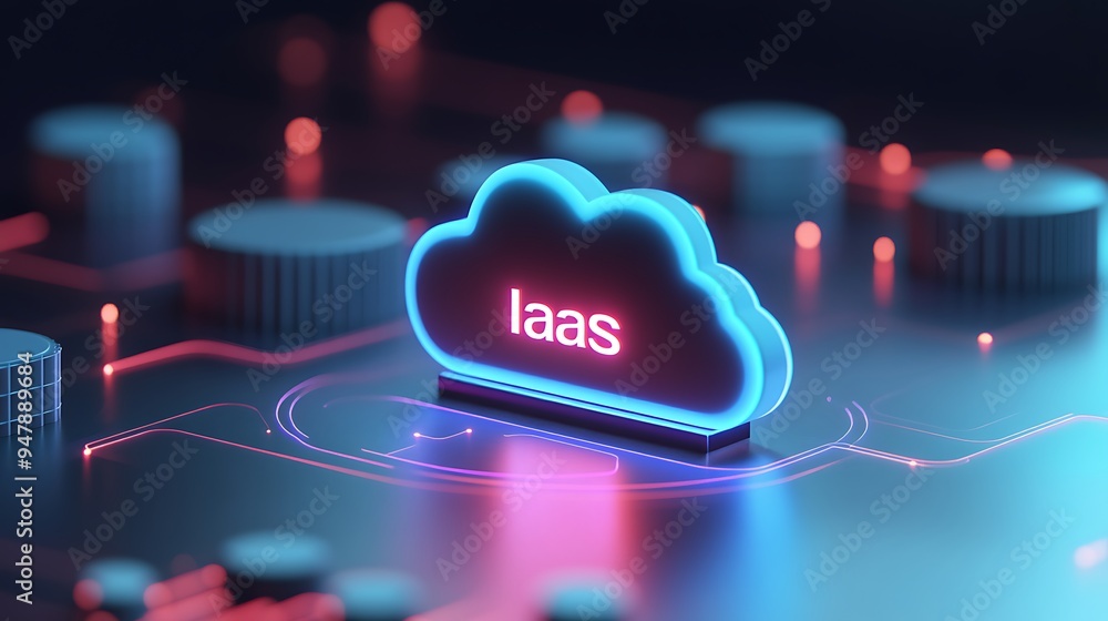 Poster 3d render of a glowing cloud icon with 'iaas' text, symbolizing infrastructure as a service in a fut