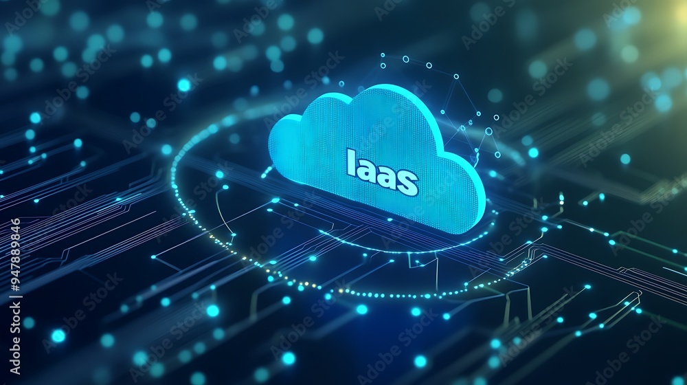 Poster 3d render of iaas cloud computing concept with digital network background, representing infrastructu