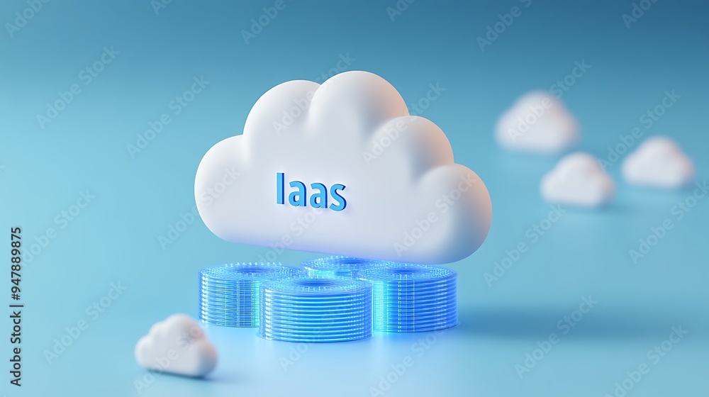Poster 3d render of iaas (infrastructure as a service) cloud computing concept with blue coins and cloud ic