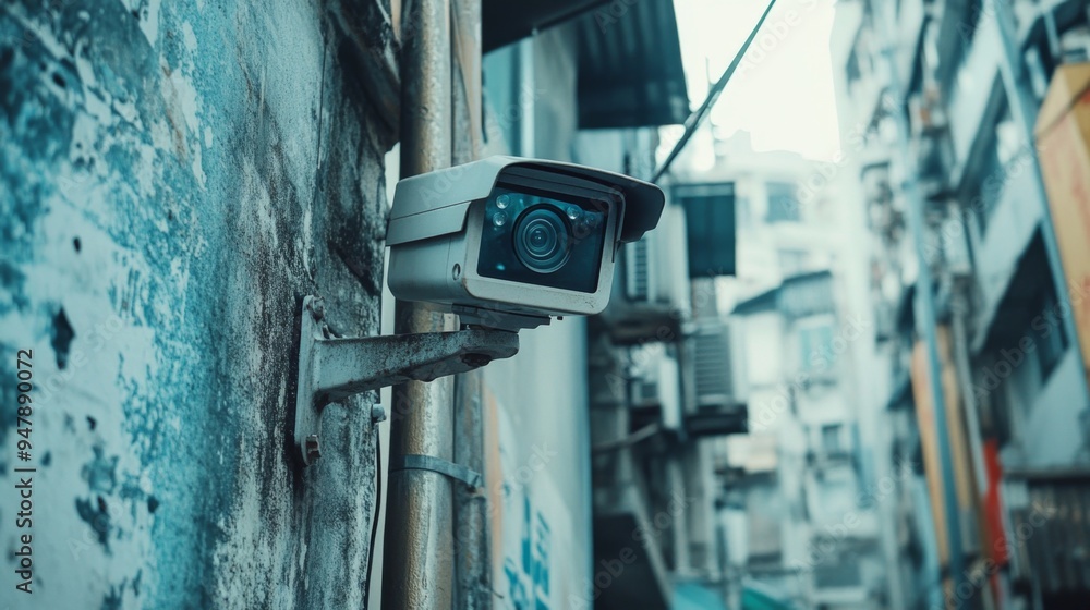 Poster A wide-angle view of a CCTV camera installed on a building corner, overlooking an urban area, emphasizing its role in monitoring public spaces.