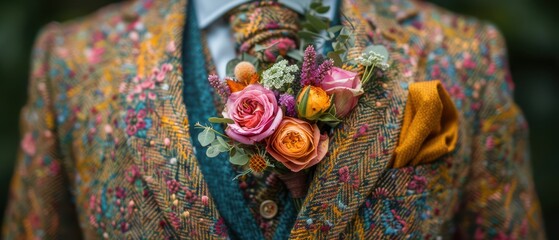Obraz premium Groom or best man wearing a stylish suit with a colorful floral boutonniere at a wedding.