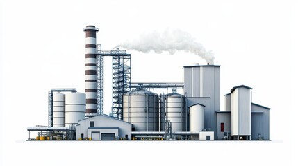 A biomass power plant features large silos and a smokestack, producing energy from organic materials for sustainable power