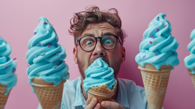 Surprised man enjoying colorful blue ice cream cones
