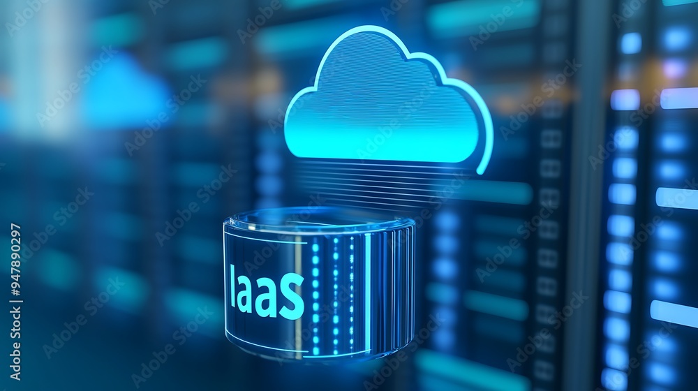 Poster 3d rendering of cloud computing infrastructure iaas concept with server racks and glowing cloud symb