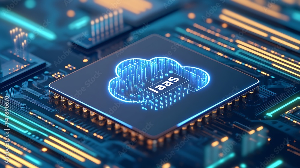 Poster a close-up of a microchip on a circuit board with a glowing 'iaas' cloud icon, representing infrastr