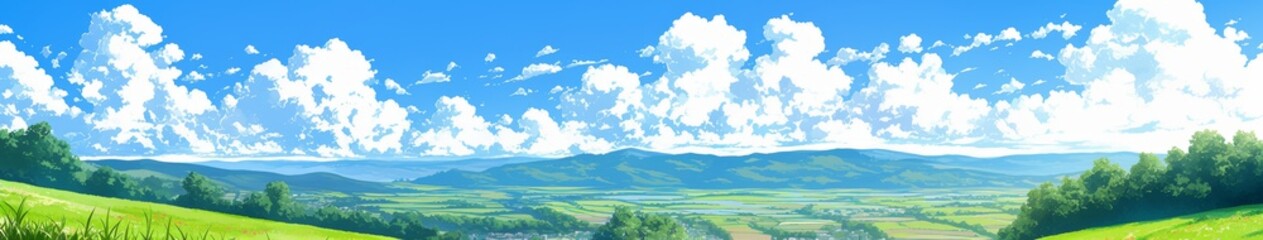 Fototapeta premium Idyllic Anime Countryside Landscape: AI-Generated 4K Wallpaper with Serene Blue Sky, Lush Green Fields, and Warm Sunlight. Minimalist Vector Art for Tranquil Marketing Backgrounds, UI Design, and Eleg
