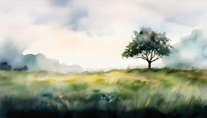 Fototapeta premium 広い空に木のある水彩画風イラスト