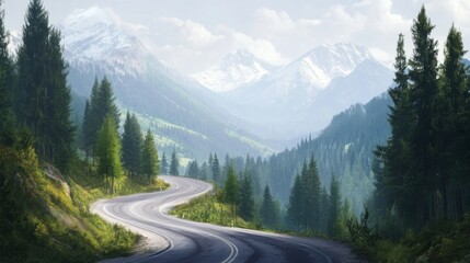 A winding mountain road with dramatic curves, framed by towering trees and distant mountain peaks, capturing the adventurous spirit of driving through nature.