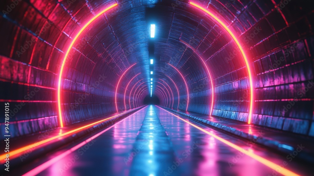 Poster abstract black vertical video with pink an3d blue neon glowing lines that move into the distance cur