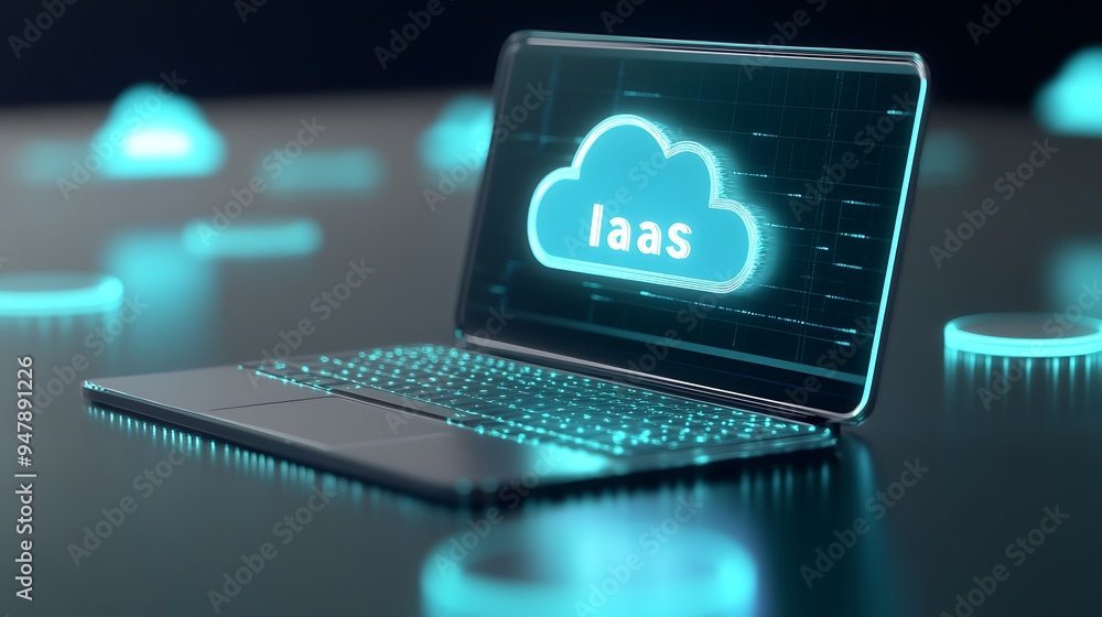 Poster a futuristic laptop displaying 'iaas' inside a glowing cloud icon, representing infrastructure as a 