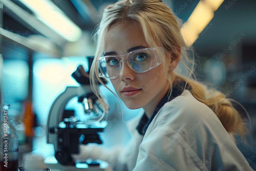 Poster young scientist in a laboratory setting with a microscope