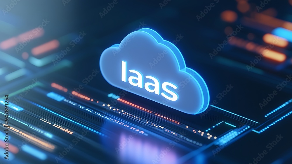 Poster a glowing cloud icon with the letters 'iaas' representing infrastructure as a service in a futuristi