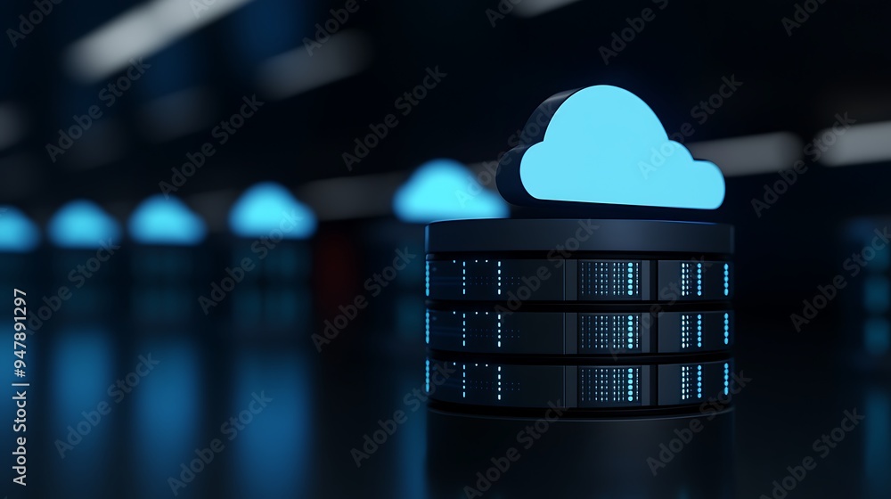 Poster a modern server room illuminated with blue lights, featuring a glowing cloud icon on a server, symbo