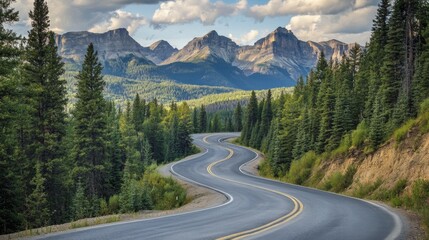A winding mountain road with dramatic curves, framed by towering trees and distant mountain peaks, capturing the adventurous spirit of driving through nature.