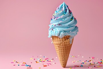 Delightful Blue Ice Cream Cone with Colorful Sprinkles on a Pink Background