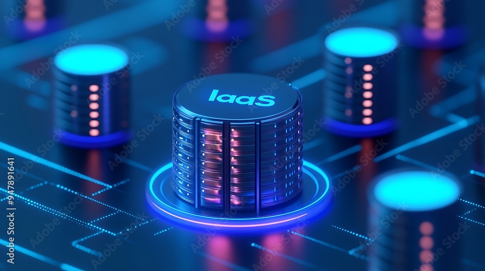 Poster abstract data storage concept with illuminated iaas server module in futuristic digital technology s