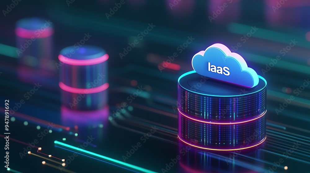 Poster abstract representation of iaas cloud computing infrastructure with neon lights and futuristic digit
