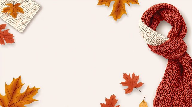 Cozy autumn scene featuring a knitted scarf and colorful leaves, perfect for seasonal themes and warm fashion vibes.