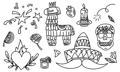 Beautiful vector doodle illustration, skull, flowers, Mexican heart, Pinata, sombrero with mustache, tequila, lime. Dedicated to the Mexican holiday of May 5th Cinco De Mayo. Vector template © Svetlana