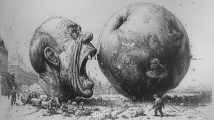Surreal artwork of a financier devouring the world as a giant apple
