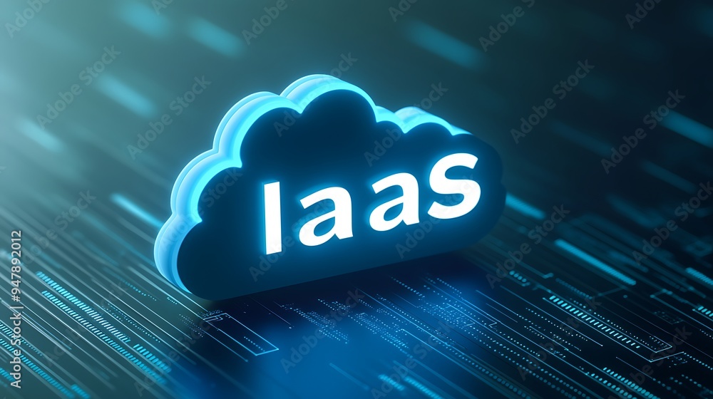 Poster blue cloud icon with 'iaas' text on a digital background representing infrastructure-as-a-service in