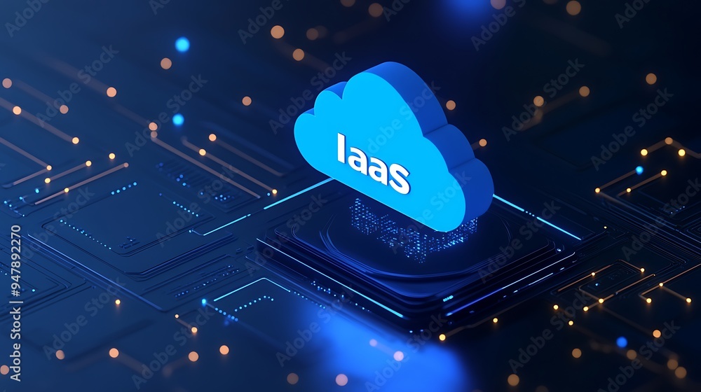 Poster blue iaas cloud computing concept representing infrastructure as a service on futuristic circuit boa