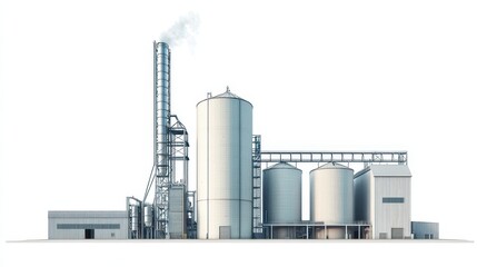 A biomass power plant with large silos and a smokestack actively generating energy in a countryside setting during daytime