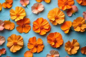 Fragmented marigold petals scattering across a light pastel blue surface,