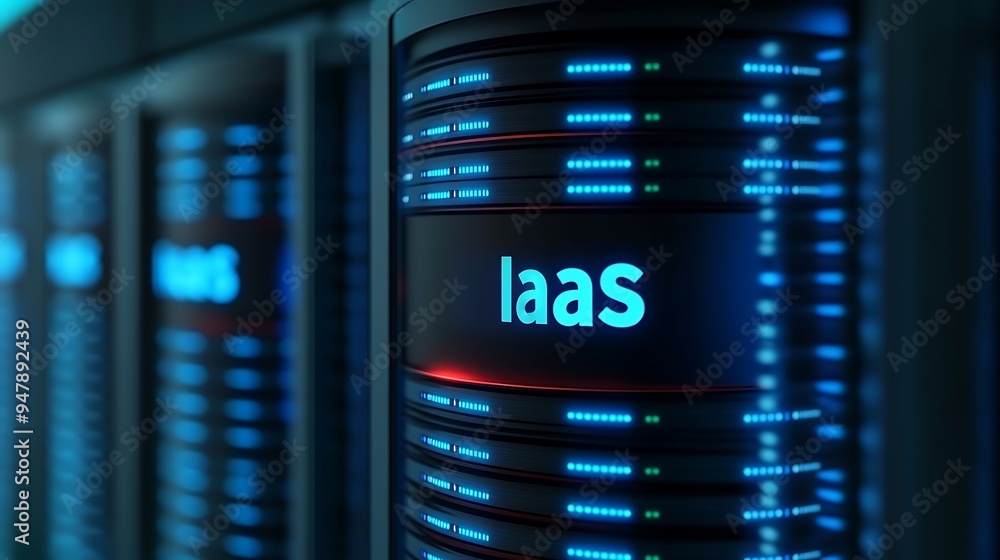 Poster close-up image of iaas server infrastructure in a data center with blue neon lights and futuristic d