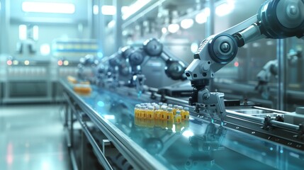 Fototapeta premium Precision in Motion Robotic Arms Packaging Pharmaceuticals with Surgical Precision in a Clean Industrial Setting