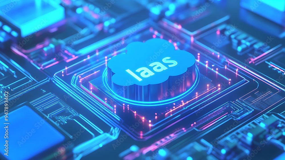 Poster close-up of a futuristic circuit board with glowing neon lights highlighting the 'iaas' cloud comput