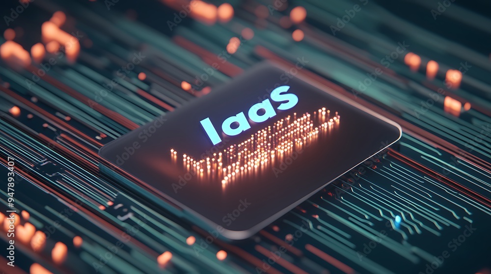 Poster close-up of a futuristic circuit board with 'iaas' text, representing infrastructure as a service in