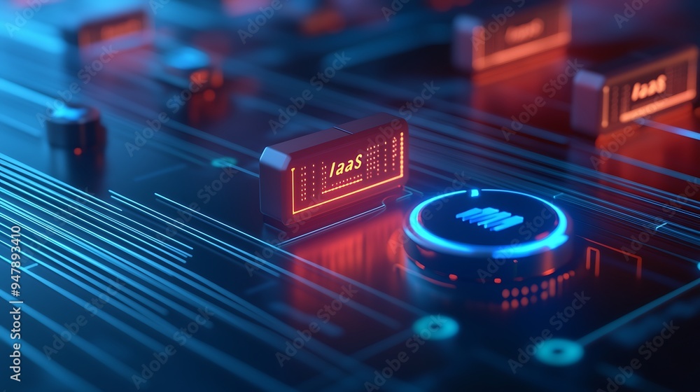 Aufkleber close-up of a futuristic circuit board with illuminated components and glowing elements, symbolizing