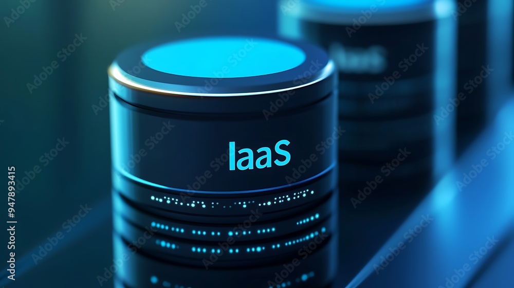 Poster close-up of a futuristic data storage container labeled iaas with glowing blue light, representing c