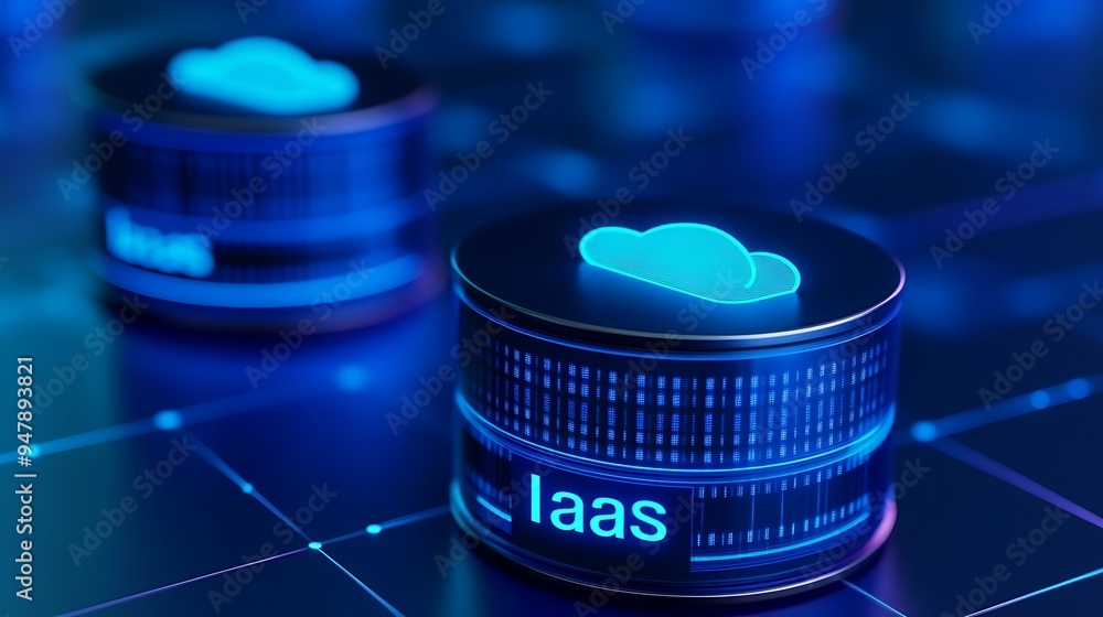 Poster close-up of a futuristic server representing iaas (infrastructure as a service) in a data center wit