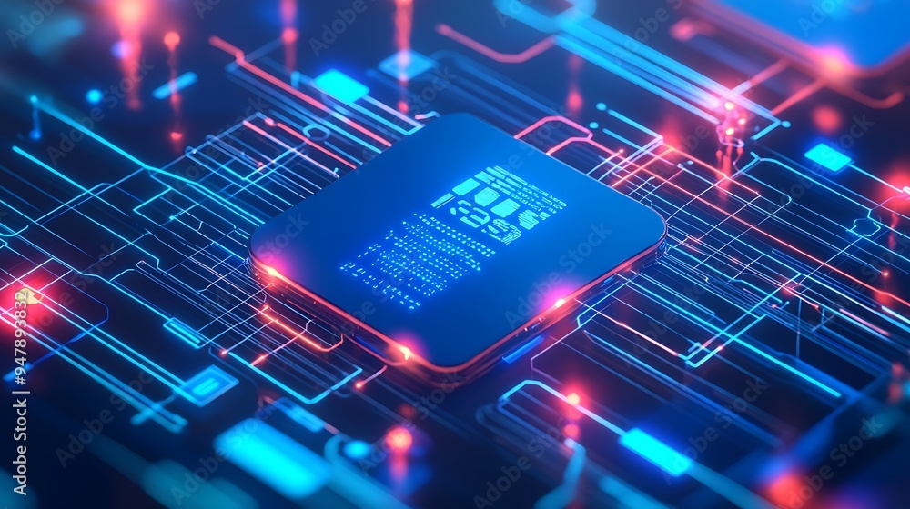 Poster close-up of a futuristic microchip with glowing circuit lines, representing advanced technology and 