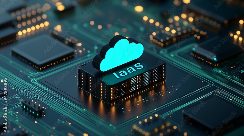 Poster close-up of a glowing iaas cloud icon on a circuit board representing cloud infrastructure in modern