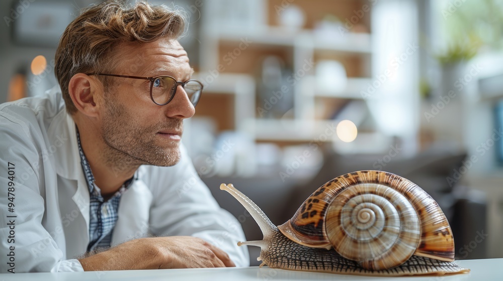 Poster scientist observing large snail in modern laboratory setting