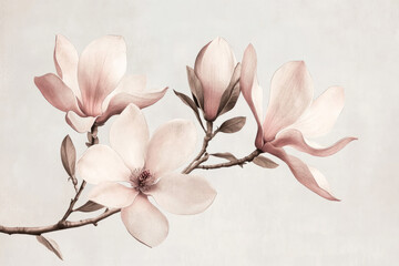 A delicate botanical illustration of a blooming magnolia branch in soft pastel colors, with intricate details and a vintage antique paper aesthetic background softness feminine nature with copy space 