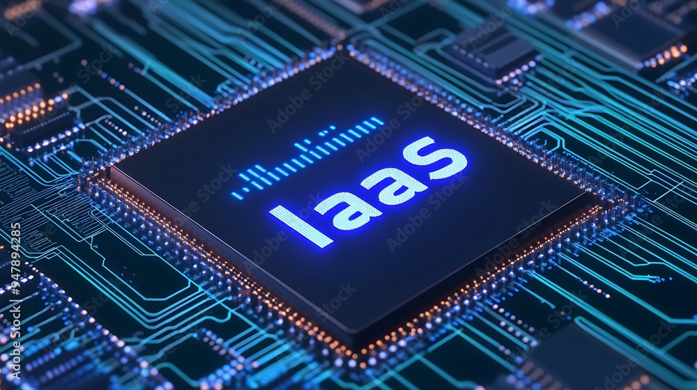 Poster close-up of a microchip with glowing text 'iaas' representing infrastructure as a service in a blue-
