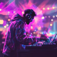 Generative AI illustration side view of ethnic concentrated male DJ in street style outfit playing music on console on stage with colorful illumination near dancing crowd during music festival 